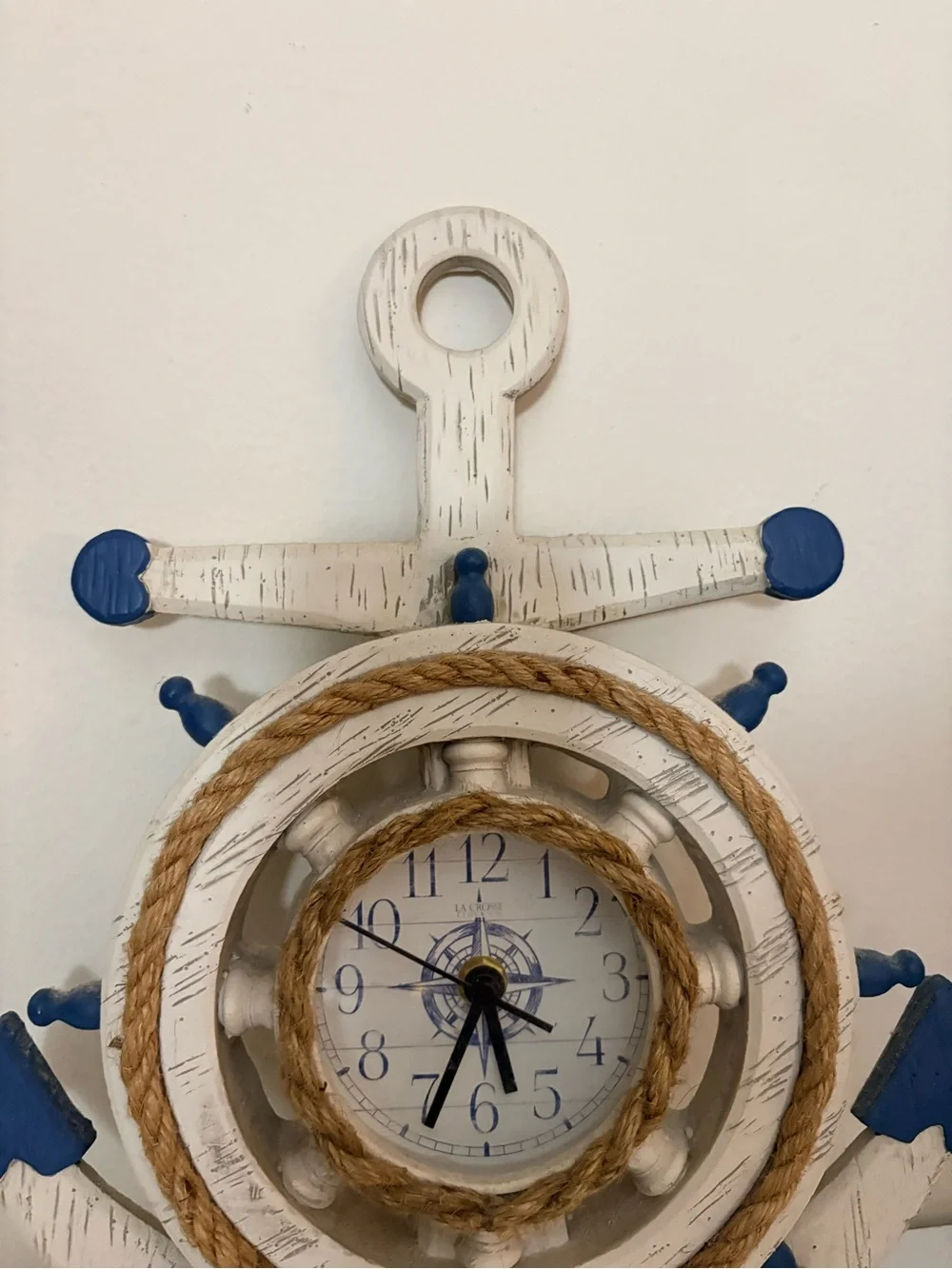 La Crosse Nautical Anchor Ship Wheel Wall Clock Coastal Beach Decor White Blue